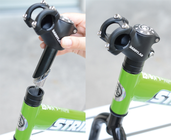 Insert the stem into the front fork with the stem attached to the stem adapter body.