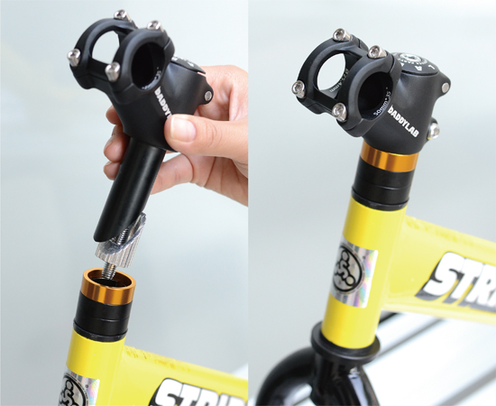 Insert the stem into the front fork with the stem attached to the stem adapter body.